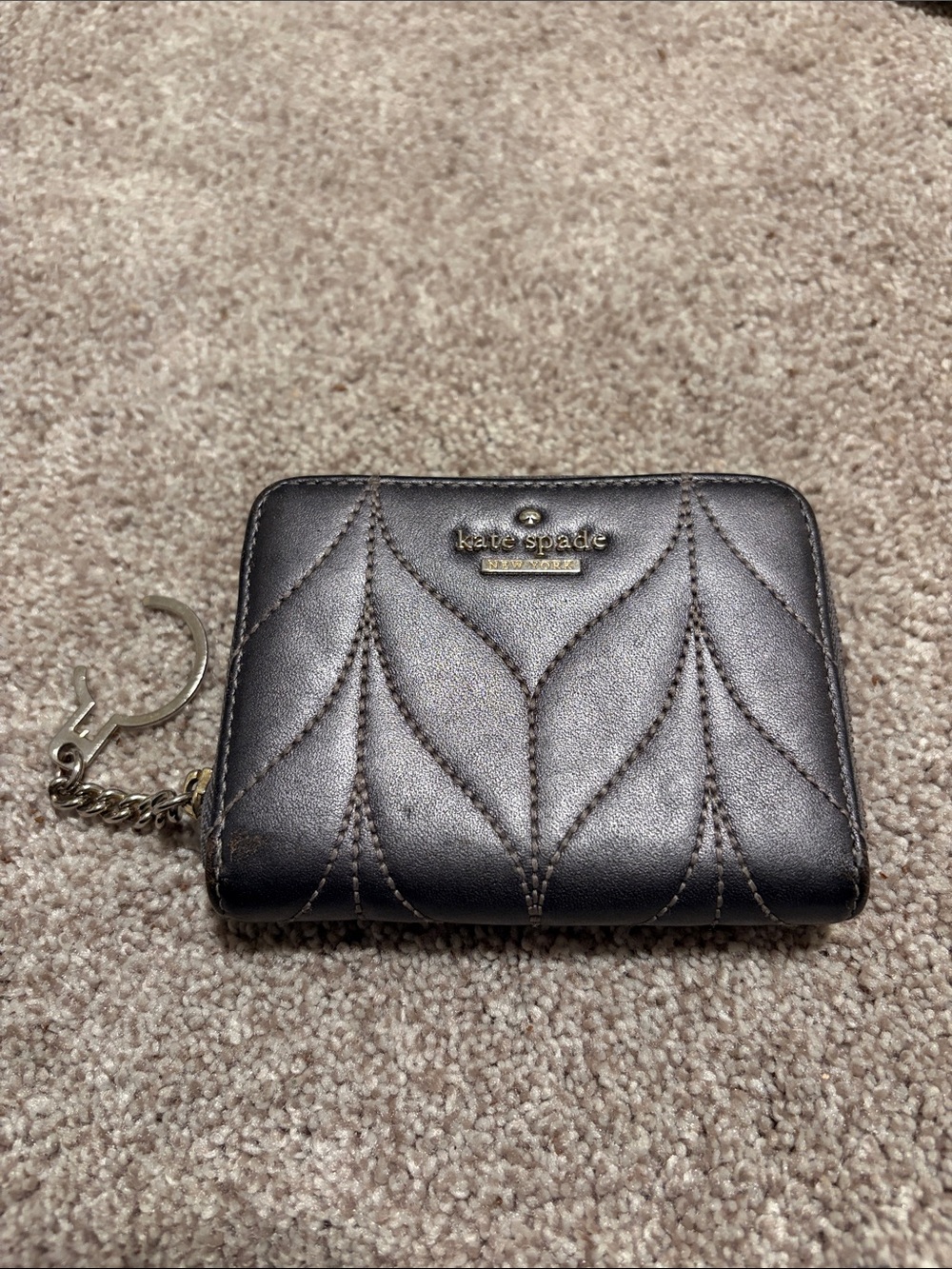 Kate Spade Quilted Metallic Small Zip Around Wallet Coin Purse Key Ring Gunmetal